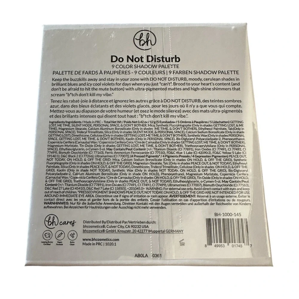 New Sealed BH Cosmetics Do Not Disturb 9 Colors Eyeshadow Palette Cruelty Free